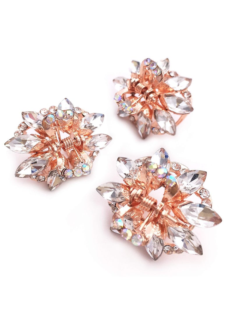 Lizzie Kay 3PCS Crystal Rhinestone Rose Gold Tone Small Metal Hair Claw Clip for Women Girls 