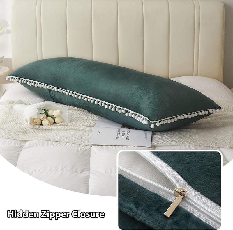 Brownmonkey Ultra Soft Velvet Body Pillow Cover/Case Pillowcase with Hidden Zipper, Zippered Body Pillow Case (20X54, Teal Green (Pompom)) - Image 3