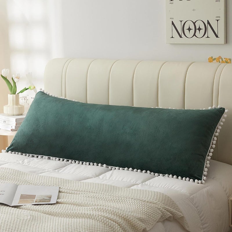 Brownmonkey Ultra Soft Velvet Body Pillow Cover/Case Pillowcase with Hidden Zipper, Zippered Body Pillow Case (20X54, Teal Green (Pompom)) - Image 1