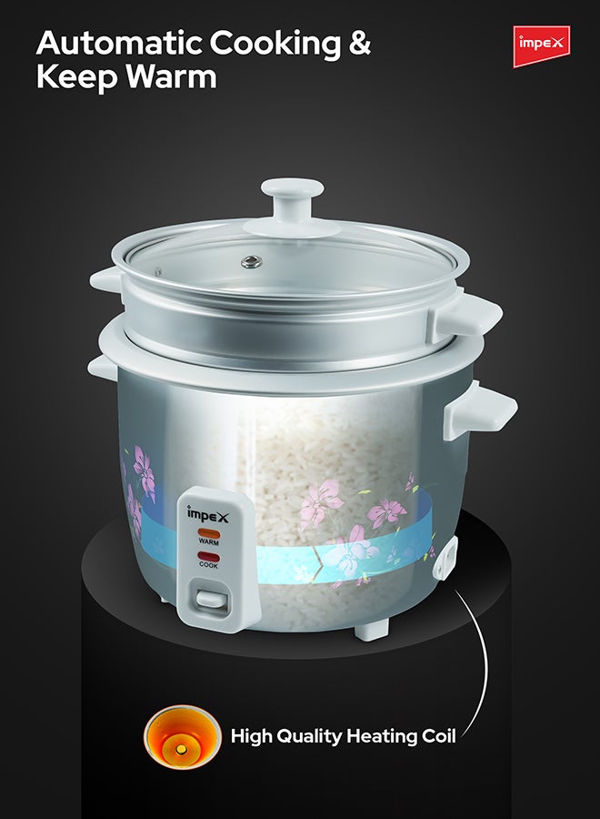 Impex Electric Rice Cooker, Drum Cooker, Automatic Cooking, Keep Warm, Safety Protection, Cool Touch Body, Carrying Handle, Measuring Cup, Spoon, Steamer 1.5 L 500 W RC 2802 Multicolour - Image 4