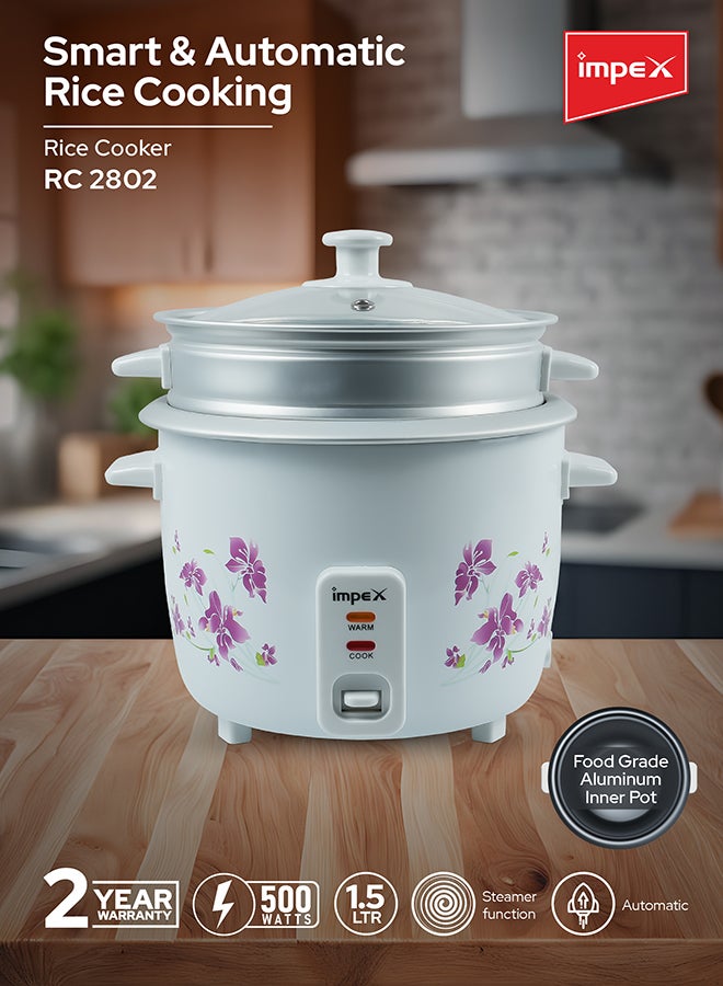 Impex Electric Rice Cooker, Drum Cooker, Automatic Cooking, Keep Warm, Safety Protection, Cool Touch Body, Carrying Handle, Measuring Cup, Spoon, Steamer 1.5 L 500 W RC 2802 Multicolour - Image 2
