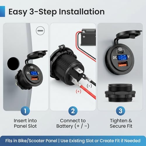 SARTE Bike Mobile Charger USB Fast Charging Waterproof 12V/24V Motorcycle & Scooty Charger with LED Voltage Display Type-C PD + QC3.0 Dual Port - Image 2