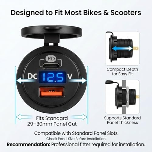 SARTE Bike Mobile Charger USB Fast Charging Waterproof 12V/24V Motorcycle & Scooty Charger with LED Voltage Display Type-C PD + QC3.0 Dual Port - Image 4