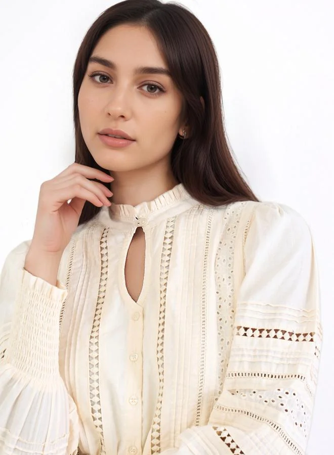 Styli Styli Long Sleeve Cotton Blouse with Schiffli and lace Detail