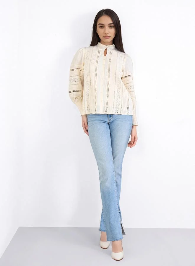 Styli Styli Long Sleeve Cotton Blouse with Schiffli and lace Detail