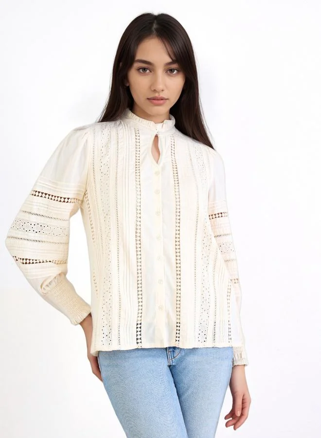 Styli Styli Long Sleeve Cotton Blouse with Schiffli and lace Detail