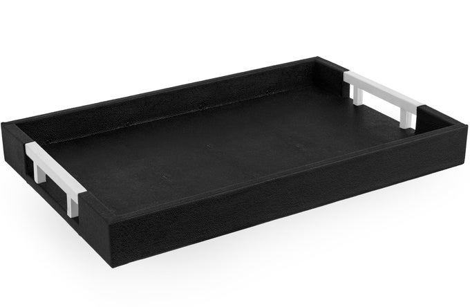 MODERN ELEGANT 18X12 BLACK RECTANGLE SHAGREEN FAUX LEATHER DECORATIVE TRAY OTTOMAN COFFEE TABLE PERFUME LIVING ROOM KITCHEN SERVING TRAY WITH SILVER METAL HANDLES FOR ALL OCCASIONS