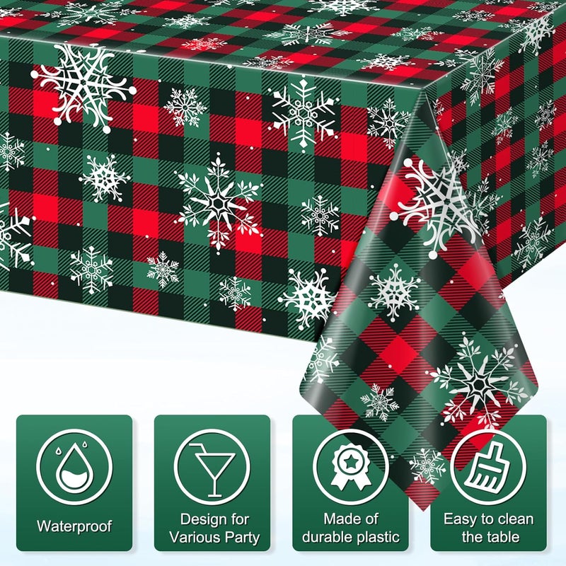 Jectivs 6Pcs Christmas Buffalo Plaid Snowflake Party Tablecloths DecorationsPlastic Red and Green Checkered Rectangle Table Cover for Winter Christmas New Year Birthday Holiday Party Decorations54x108 inch - Image 3