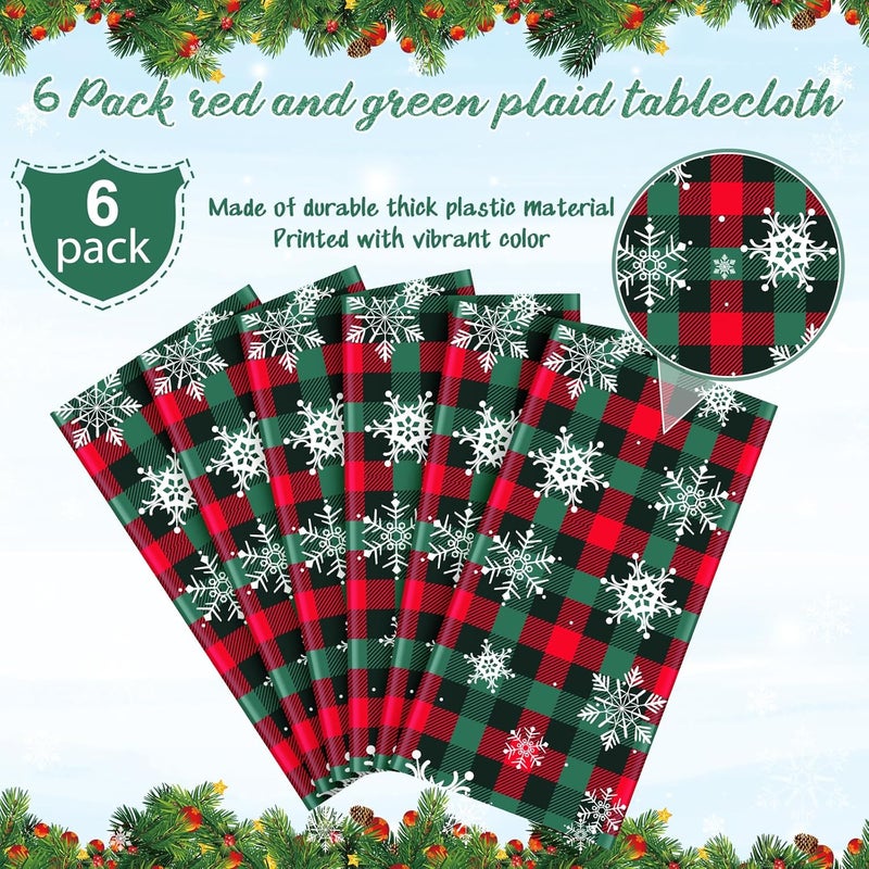 Jectivs 6Pcs Christmas Buffalo Plaid Snowflake Party Tablecloths DecorationsPlastic Red and Green Checkered Rectangle Table Cover for Winter Christmas New Year Birthday Holiday Party Decorations54x108 inch - Image 4
