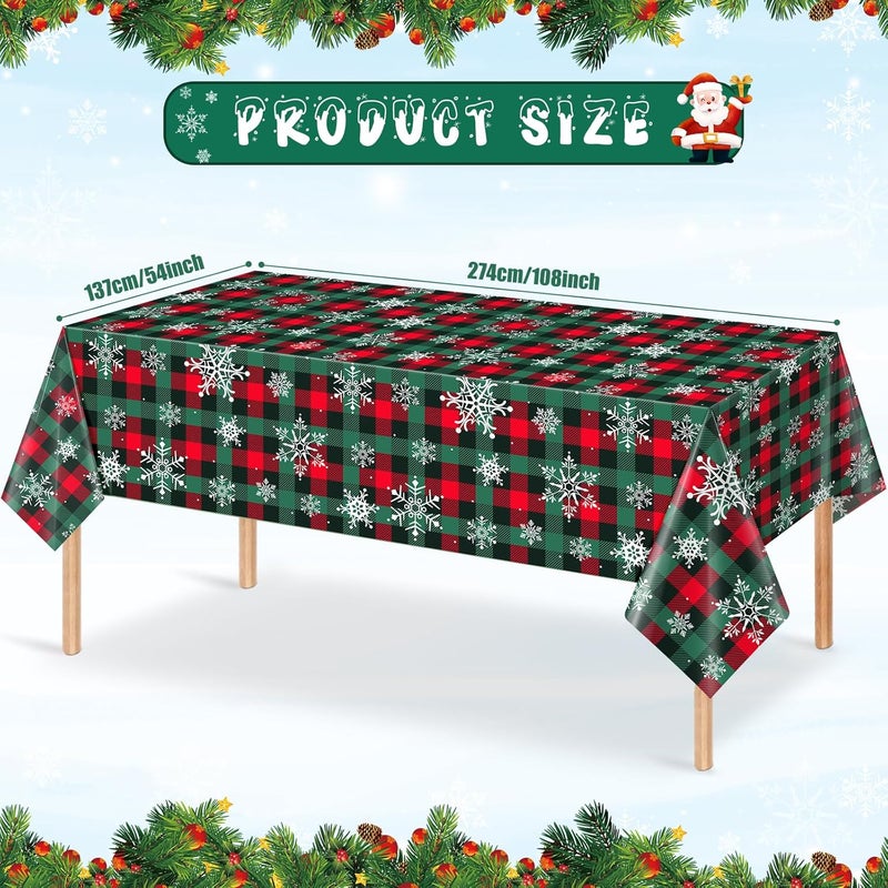 Jectivs 6Pcs Christmas Buffalo Plaid Snowflake Party Tablecloths DecorationsPlastic Red and Green Checkered Rectangle Table Cover for Winter Christmas New Year Birthday Holiday Party Decorations54x108 inch - Image 2