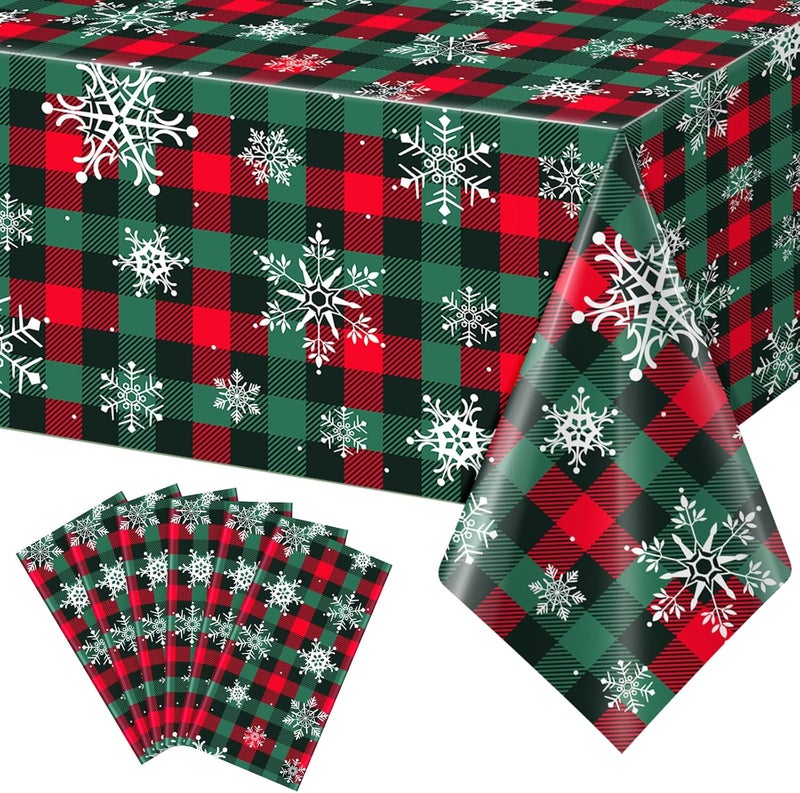 Jectivs 6Pcs Christmas Buffalo Plaid Snowflake Party Tablecloths DecorationsPlastic Red and Green Checkered Rectangle Table Cover for Winter Christmas New Year Birthday Holiday Party Decorations54x108 inch - Image 1