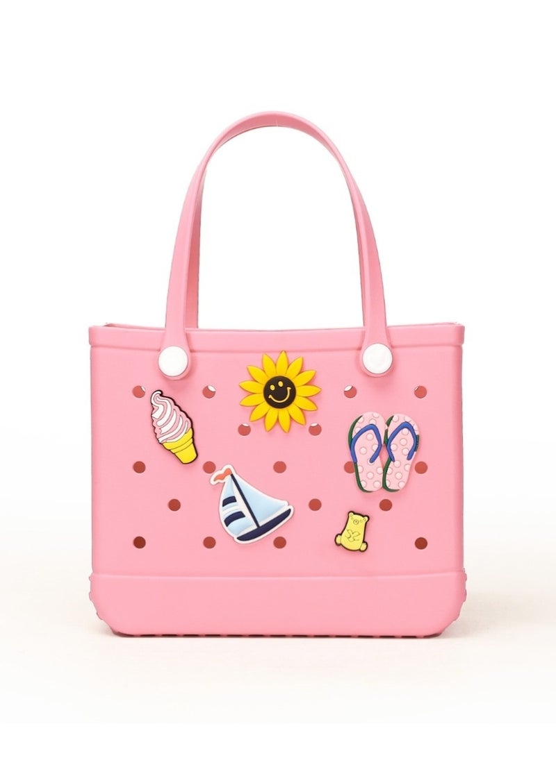 EVA Rubber Beach Tote Bag with 5 Summer Charms | Waterproof, Durable & Easy-to-Clean | Spacious Summer Beach Bag for Women & Family | (Pink - Large) - Image 1
