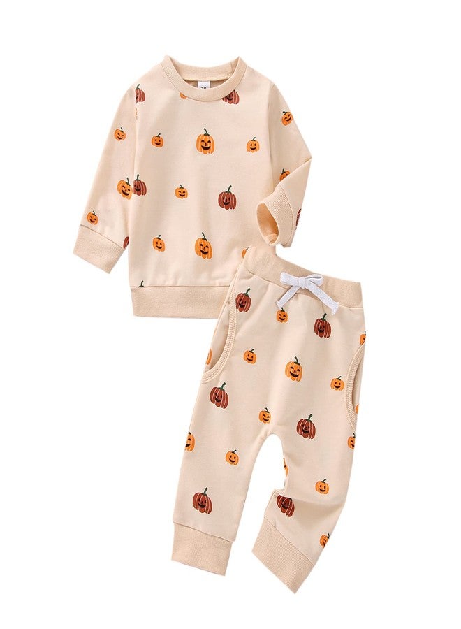 wybzd Toddler Baby Boy Halloween Outfits Cute Pumpkin Sweatshirt Top and Pant Set Infant Long Sleeve Clothes Apricot Pumpkin (Apricot Pumpkin, 0-6 Months) - Image 1