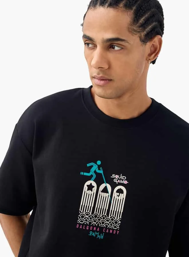 SP Characters Squid Games Print Crew Neck T-shirt with Short Sleeves