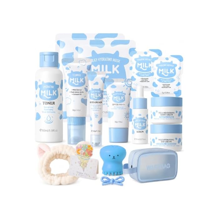 16 Pcs Milk Skincare Set for Kids, Kids Skincare Set, Kids Face Care Kit, Milk Toner, Kid Face Wash - Cute Skincare Set with Creams, Masks & Bag for Girls 8-12 Birthday Gifts