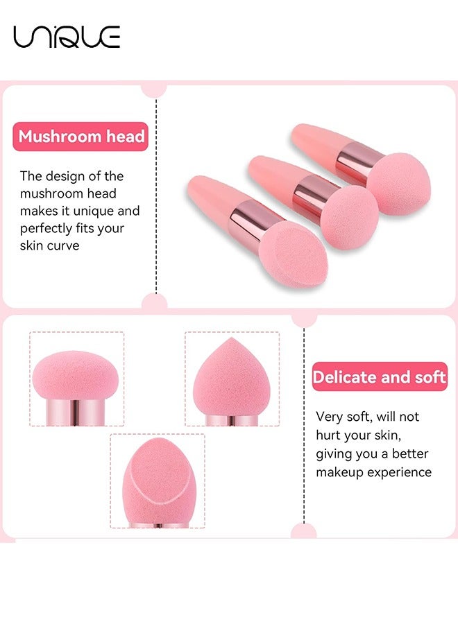 Unique 3 PCS Makeup Sponge Facial Foundation Sponge Professional Makeup Blending Sponge with Handle Beauty Sponge Blender Dry & Wet Use Makeup Sponges for Foundation（Pink） - Image 3