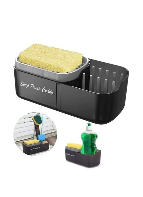 VIO Soap Pump Dispenser Sponge Brush Holder, Detachable Dish Soap Caddy 3-in-1 Draining Design, Plastic Countertop Refillable Liquid Dish Detergent Holder for Kitchen Sink Home (Black)IR