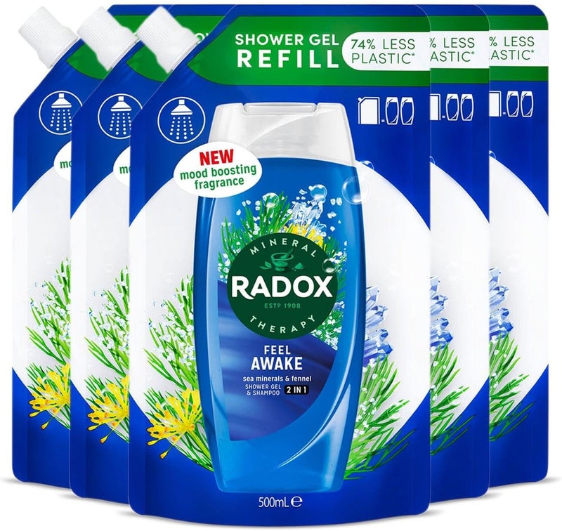 Radox Mineral Therapy 2in1 Shower Gel Shampoo Refill Pouch Feel Awake with Nature Inspired Fragrance Body Wash Refill for Men and Women Blended with Sea Minerals Fennel 500ml 5 Pack