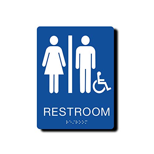 NapTags ADA Compliant Restroom Signs with Braille 6 x 8 Handicap Restroom Blue - Image 1