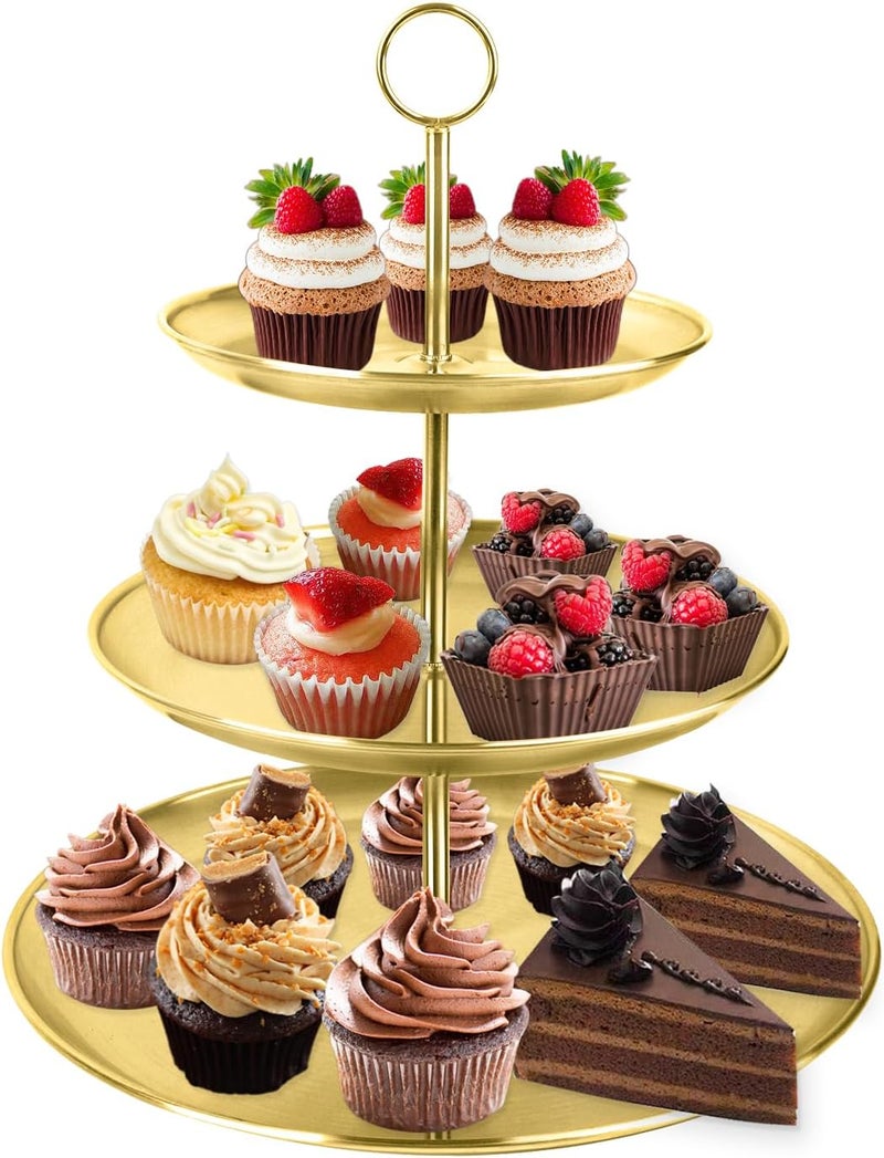LIAISIMI 3 Tier Gold Cupcake Stand Stainless Steel Dessert Display Rack with Removable Tiered Tray for Parties,Weddings,Birthdays,Decorations,Any Festivals and Festivities(Stainless Steel Pole) - Image 1
