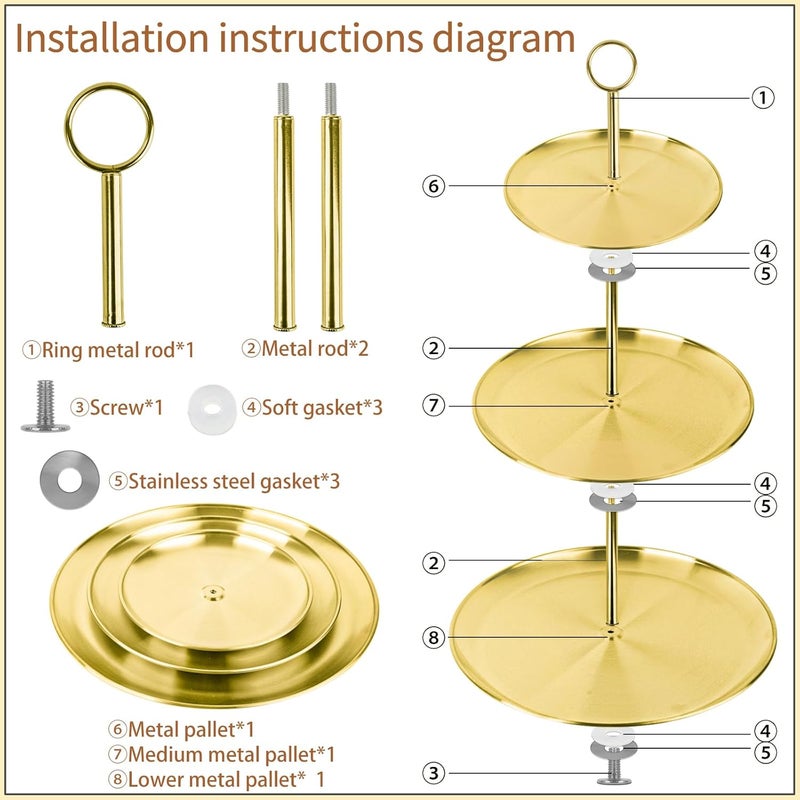 LIAISIMI 3 Tier Gold Cupcake Stand Stainless Steel Dessert Display Rack with Removable Tiered Tray for Parties,Weddings,Birthdays,Decorations,Any Festivals and Festivities(Stainless Steel Pole) - Image 3