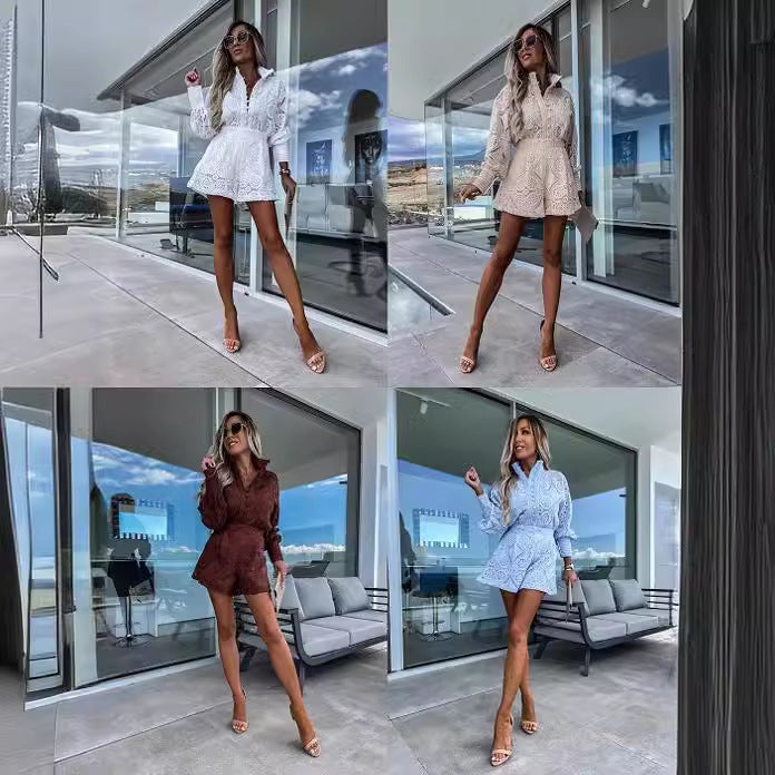 2023 European and American Cross-Border Spring New Fashion Casual Lace Suit Long-Sleeved Top + Shorts White - Image 2