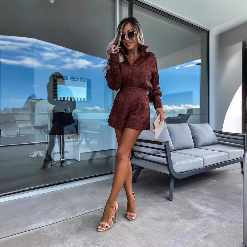 2023 European and American Cross-Border Spring New Fashion Casual Lace Suit Long-Sleeved Top + Shorts White - Image 5
