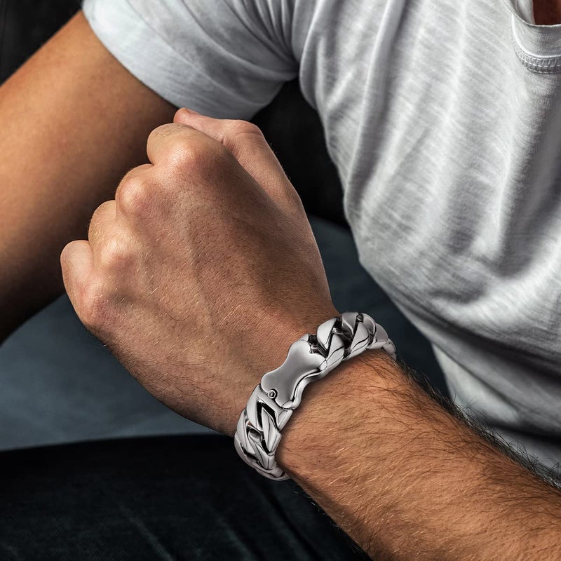 COOLSTEELANDBEYOND Masculine Mens Stainless Steel Large Curb Chain Bracelet with Dog Bone Charm, Polished - Image 2