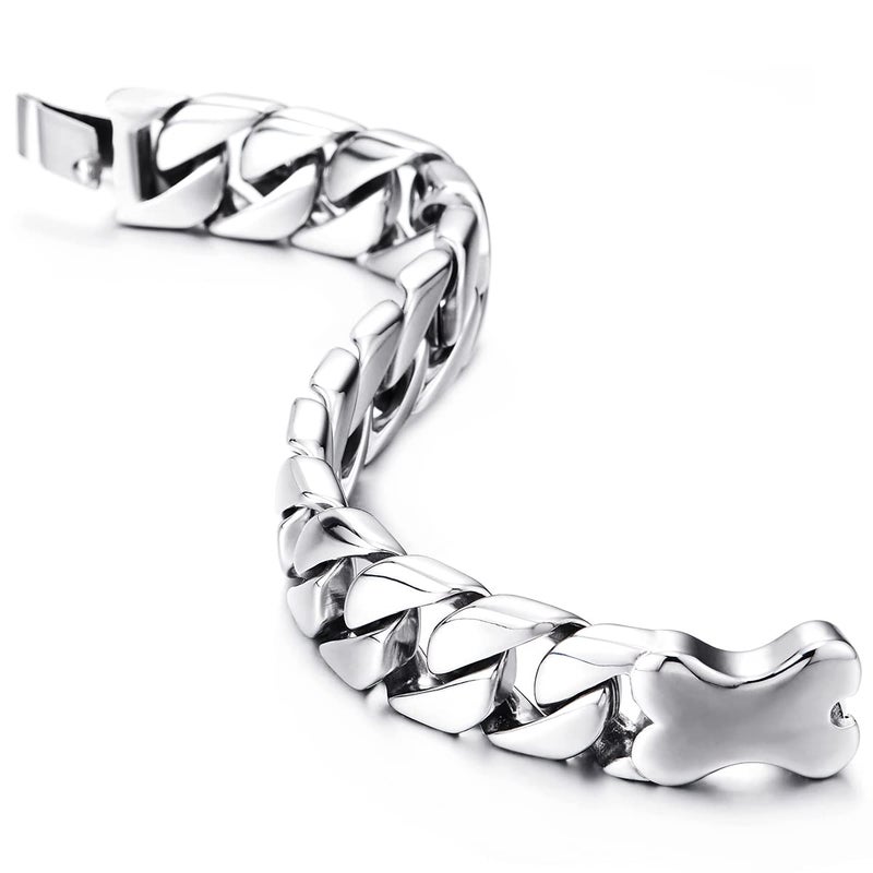 COOLSTEELANDBEYOND Masculine Mens Stainless Steel Large Curb Chain Bracelet with Dog Bone Charm, Polished - Image 5