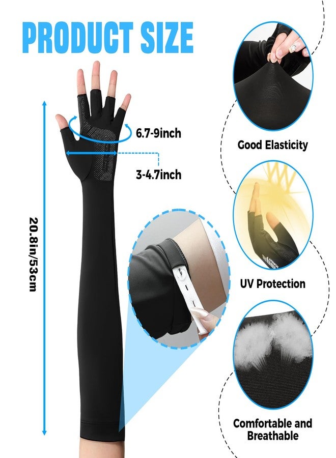Qeedy 2 Pairs UV Protection Gloves - Non Slip Sun Protection Glove Sunblock Gloves Summer Outdoor Fishing Driving Arm Sleeves for Women Men (2Black, L) - Image 2