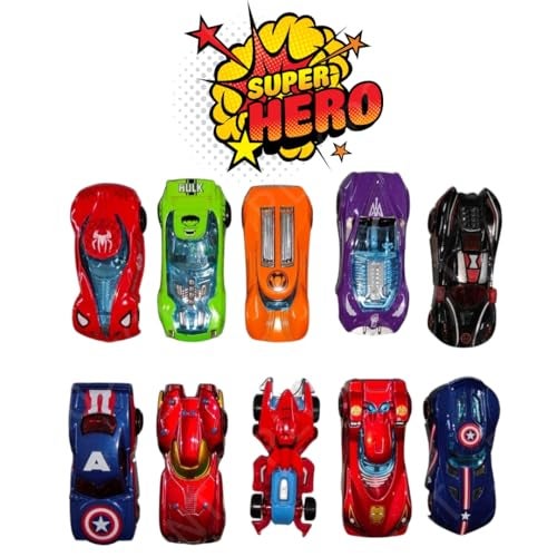PLUSPOINT Super Hero Metal Vehicles - 10Pc Alloy Push N Go Vehicles, Mini Racing Cars for Toddlers, Die-Cast Toy Car Set, Multi Color - Image 4