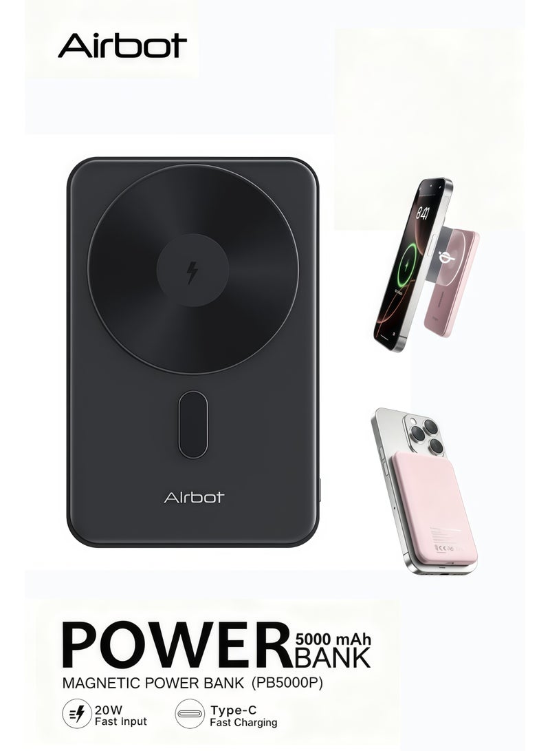 آيربوت بنك طاقة لاسلكي Airbot بسعة 5000 مللي أمبير يدعم تقنية MagSafe، مخصص للهواتف الذكية التي تدعم الشحن اللاسلكي. يتميز بوزن صافٍ خفيف للغاية يبلغ حوالي 110 غرامات فقط، وقوة امتزاز مغناطيسي عالية؛ فهو خفيف الوزن ومزود بمغناطيس، مما يجعله بنك طاقة محمولاً مثالياً للسفر. كما يدعم الشحن السريع بقدرة 20 واط عند الشحن السلكي. (اللون: أسود) - Image 1