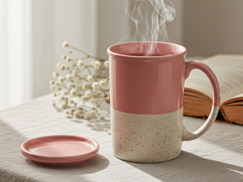 Bodhi House Ceramic Hand Glazed Tea and Coffee Mug with Coaster - 300ml | Set of 1 | Microwave & Dishwasher Safe | for Home Office - Pink - Image 1