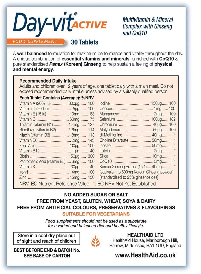 HealthAid Vegetarian Multivitamin & Minerals Day vit Active Tabs 30's - Image 2