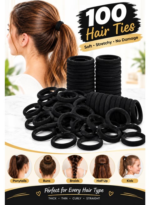 Pack of 100 Black Hair ties for women Elastic Cotton Thick Seamless Black Hair Bands, No Damage for Thick/Thin Hair, Soft Long lasting Ponytail Holders Hair Accessories