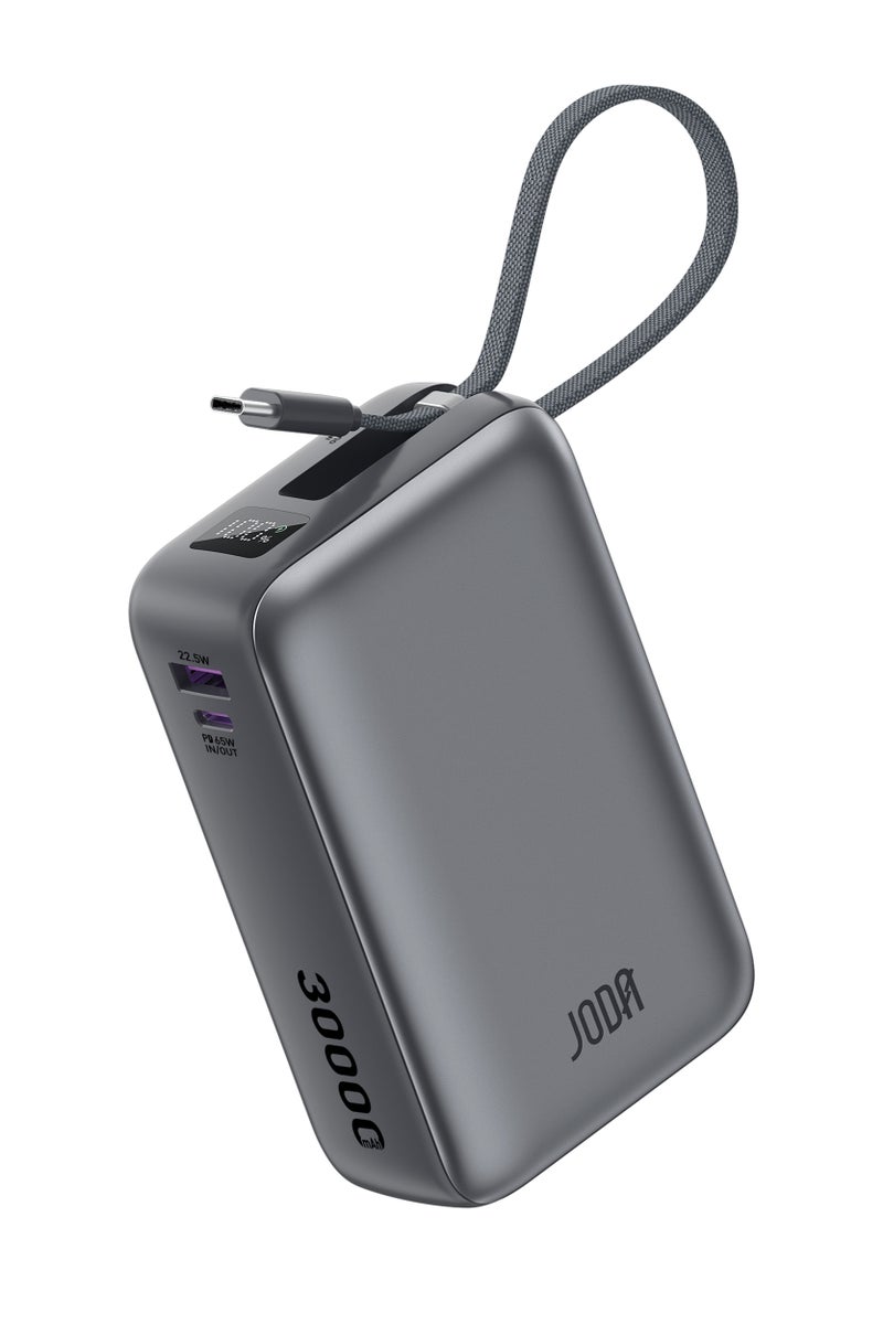 جودا باور بانك JODA SHARG 30 بنك الطاقة - سعة 30000 مللي أمبير، بطارية متنقلة شحن سريع بقوة 65 واط PD مع كابل مضفر من النايلون مدمج لأجهزة اللابتوب والأجهزة اللوحية والهواتف الذكية - لون رمادي - Image 1