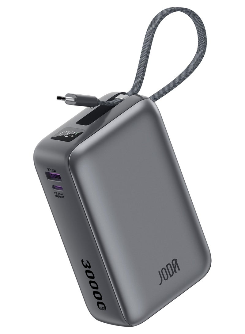 جودا باور بانك JODA SHARG 30 بنك الطاقة - سعة 30000 مللي أمبير، بطارية متنقلة شحن سريع بقوة 65 واط PD مع كابل مضفر من النايلون مدمج لأجهزة اللابتوب والأجهزة اللوحية والهواتف الذكية - لون رمادي - Image 1