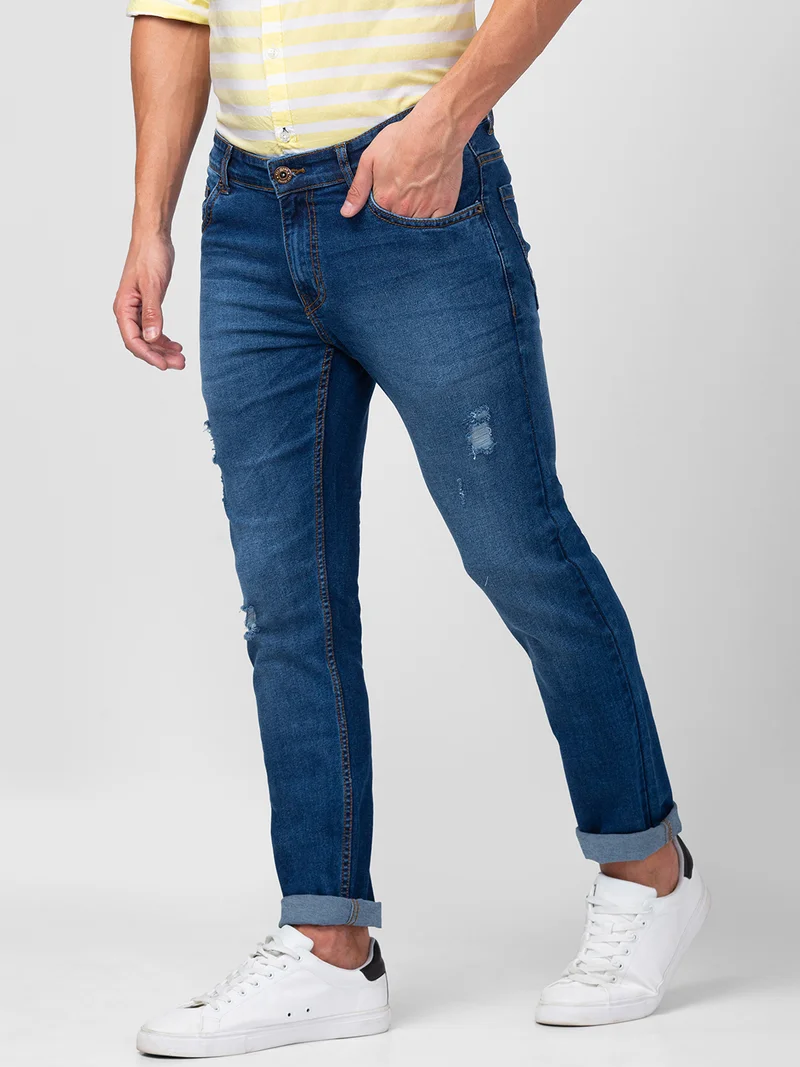 جلو باص جينز رجالي جلوبس أزرق متوسط مطاطي بخصر متوسط وقصة مستقيمة