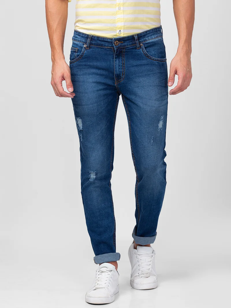 Globus Men Mid Blue Stretchable Mid-Rise Tapered Fit Jeans