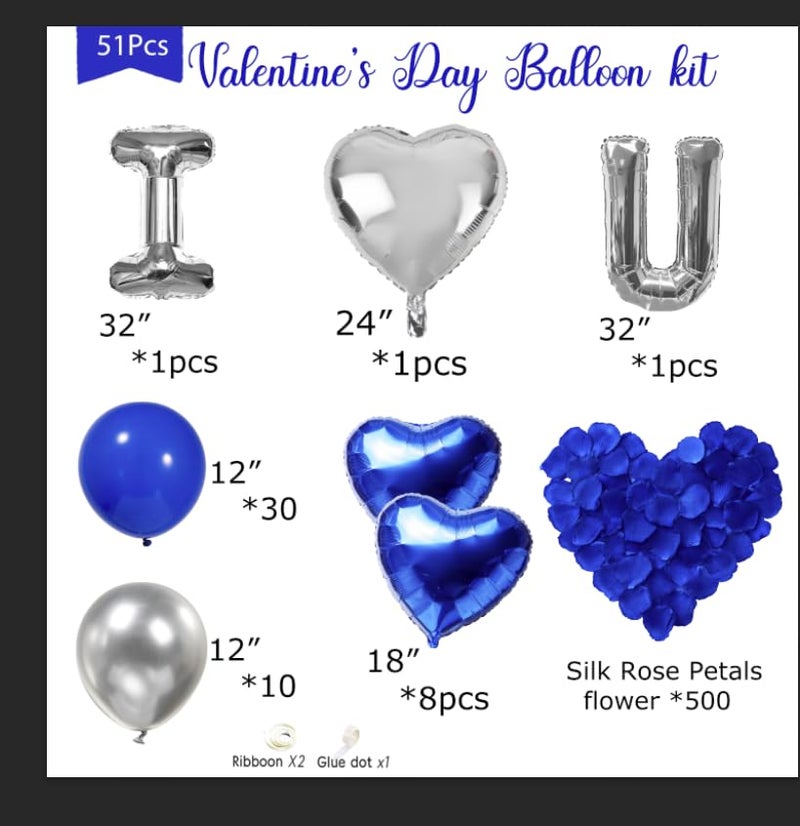 besttideyes I Love You for Him/Her Balloons 56pcs Royal Blue and Sliver balloon kit Include 18 Inch Heart Shaped Balloons and 500 Blue Artificial Rose Petals Romantic Decoration Kit for Valentines Party - Image 3