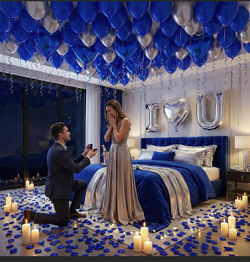 besttideyes I Love You for Him/Her Balloons 56pcs Royal Blue and Sliver balloon kit Include 18 Inch Heart Shaped Balloons and 500 Blue Artificial Rose Petals Romantic Decoration Kit for Valentines Party - Image 5