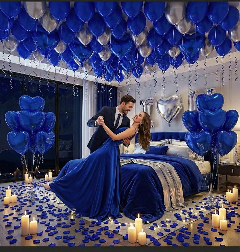 besttideyes I Love You for Him/Her Balloons 56pcs Royal Blue and Sliver balloon kit Include 18 Inch Heart Shaped Balloons and 500 Blue Artificial Rose Petals Romantic Decoration Kit for Valentines Party - Image 2