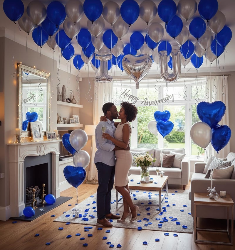 besttideyes I Love You for Him/Her Balloons 56pcs Royal Blue and Sliver balloon kit Include 18 Inch Heart Shaped Balloons and 500 Blue Artificial Rose Petals Romantic Decoration Kit for Valentines Party - Image 4