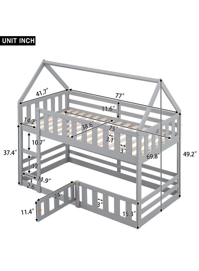 Merax House Bunk Bed Twin Over Twin, Modern Wood Floor Bunk Bed with Fence and Door, for Boys Girls Teens, Grey - Image 3