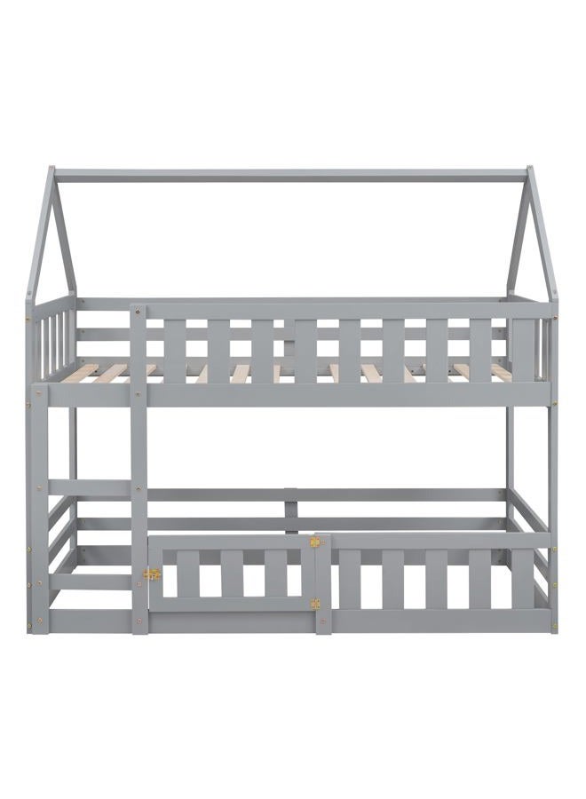 Merax House Bunk Bed Twin Over Twin, Modern Wood Floor Bunk Bed with Fence and Door, for Boys Girls Teens, Grey - Image 4