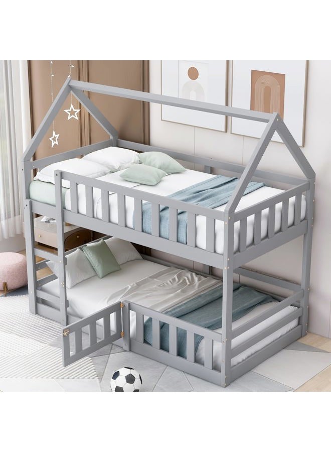 Merax House Bunk Bed Twin Over Twin, Modern Wood Floor Bunk Bed with Fence and Door, for Boys Girls Teens, Grey - Image 2