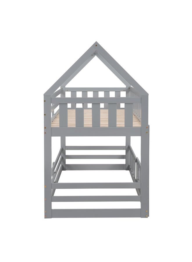 Merax House Bunk Bed Twin Over Twin, Modern Wood Floor Bunk Bed with Fence and Door, for Boys Girls Teens, Grey - Image 5