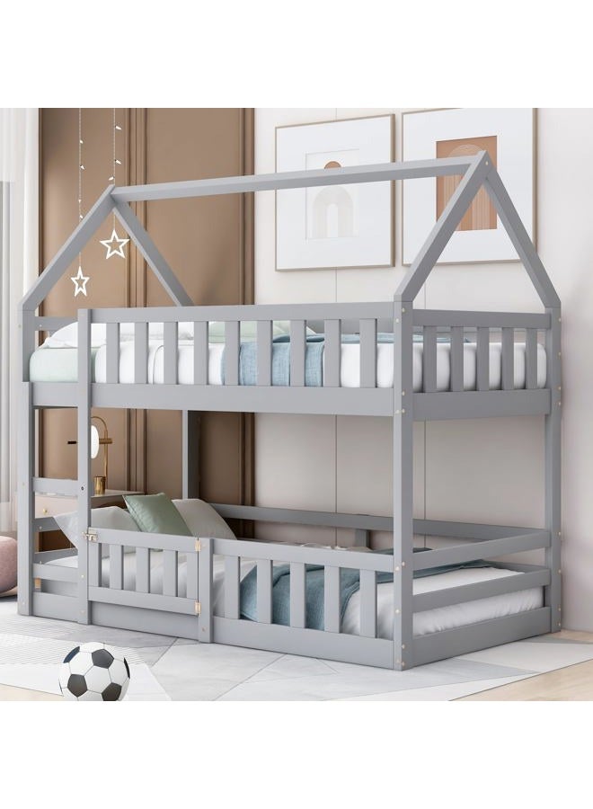 Merax House Bunk Bed Twin Over Twin, Modern Wood Floor Bunk Bed with Fence and Door, for Boys Girls Teens, Grey - Image 1