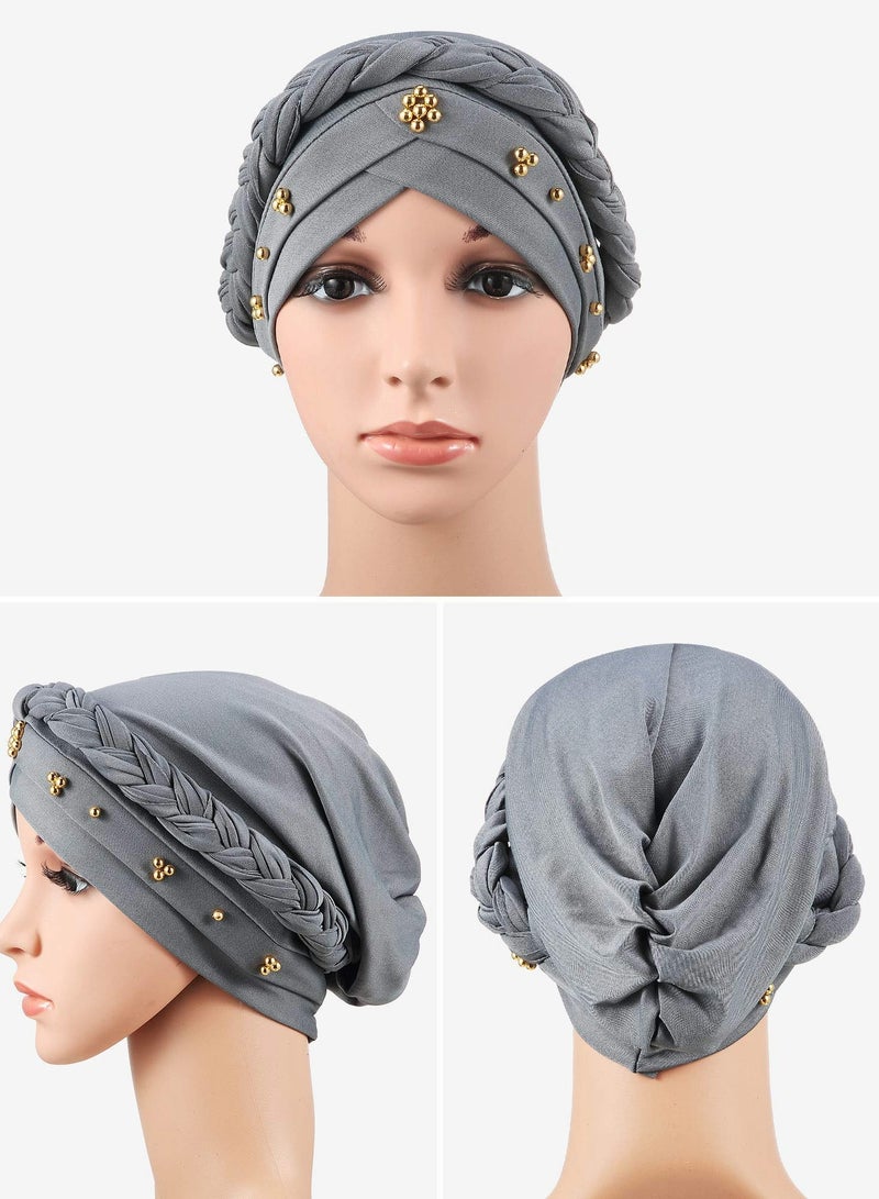 Excefore Women Turban Cap Beaded Headscarf Beanie Twisted Braid Wrap Hat Faux Pearl Headwrap, 4 Pieces - Image 5