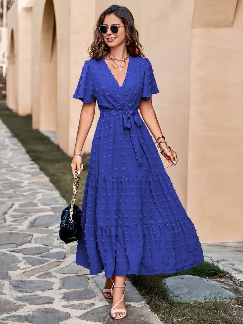 MASCOMODA Swiss Dot Dress for Women 2025 Long Flowy Spring Wedding Guest Wrap V Neck Flutter Sleeve Boho Maxi Dresses(Royal Blue,Large) - Image 5
